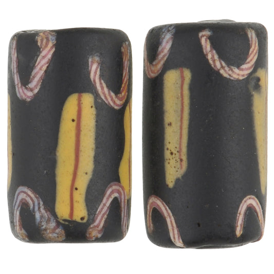 Rare Antique Black Fancy Venetian Wound Glass Trade Beads Pair - 16-17Mm