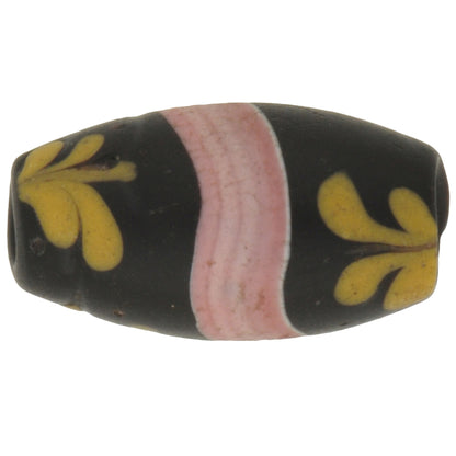 Rare Old Black Floral Venetian Lampwork Glass Trade Bead, 16X9Mm