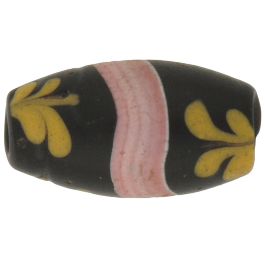 Rare Old Black Floral Venetian Lampwork Glass Trade Bead, 16X9Mm
