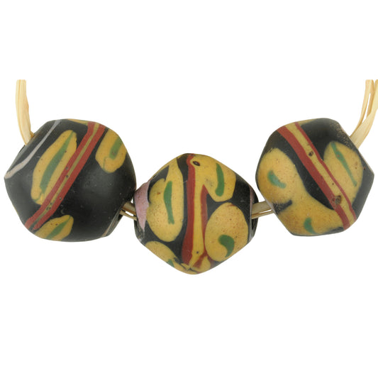 Rare Antique Black Bicone "King" Venetian Lampwork Beads With Trail Decoration