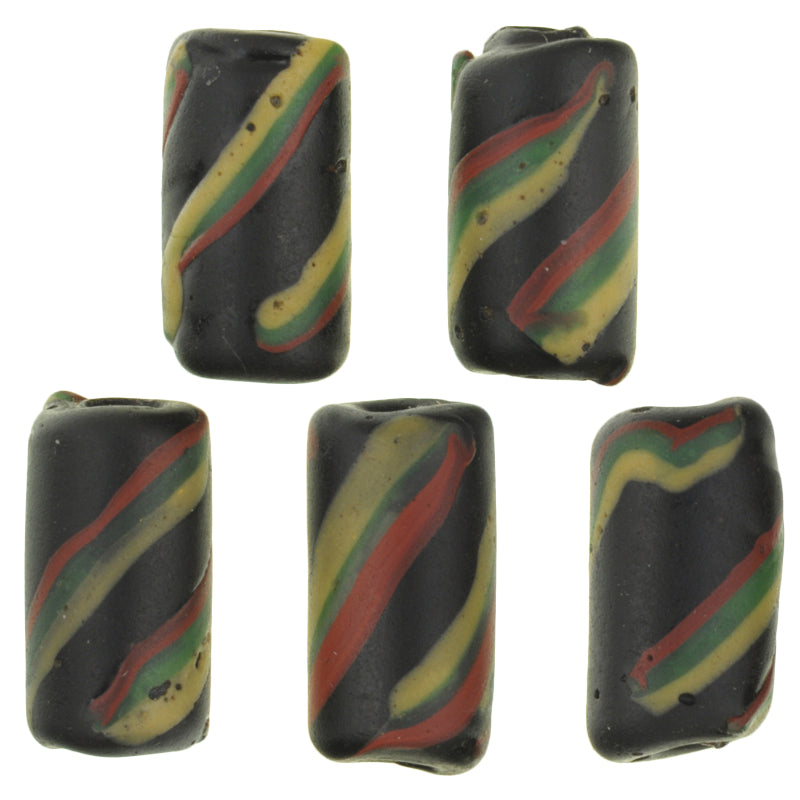 Antique Black Swirl Venetian Lampwork Trade Beads - 5 Old Glass Beads
