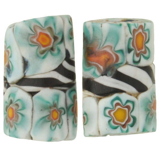Rare Antique Venetian Banded Millefiori Mosaic Glass Trade Beads, 16X10Mm