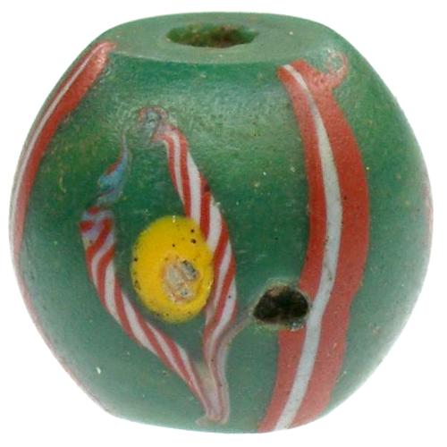 Rare Green "Fancy" Venetian Wound Glass African Trade Bead, 14X13Mm - close-up