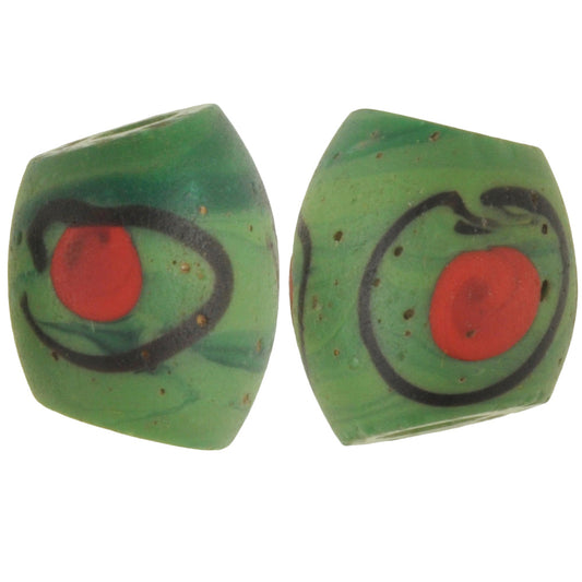 Old Matching Pair Oval Green Eye Fancy Venetian Wound Glass Beads African Trade Sb-30466