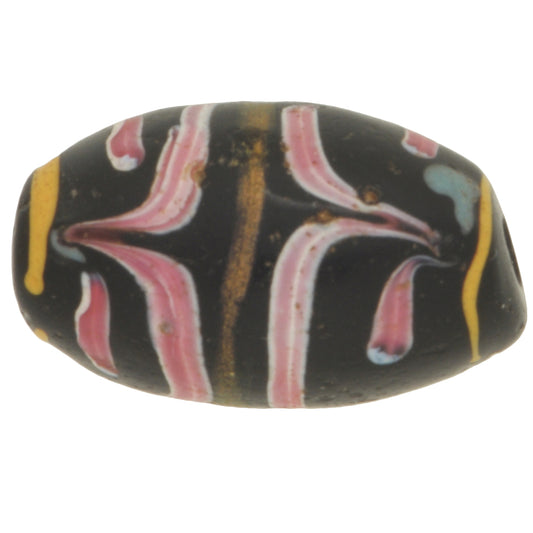 Rare Antique Black Floral Venetian Glass Trade Bead With Aventurine Trail