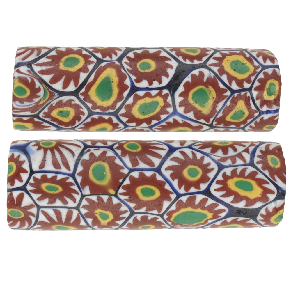 Antique Large Millefiori Venetian Mosaic Glass Trade Beads Pair - close-up