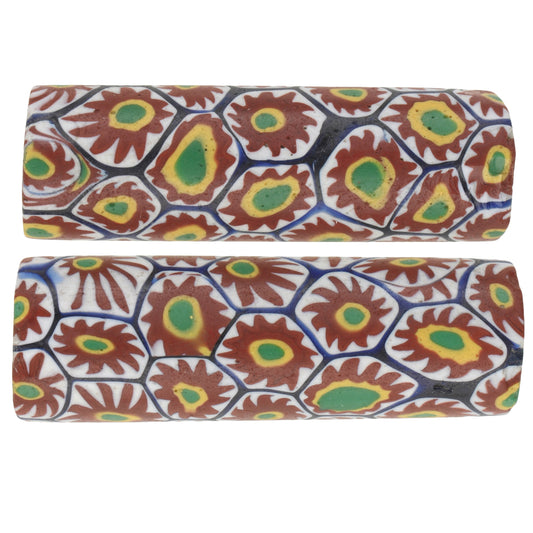 Antique Large Millefiori Venetian Mosaic Glass Trade Beads Pair - close-up