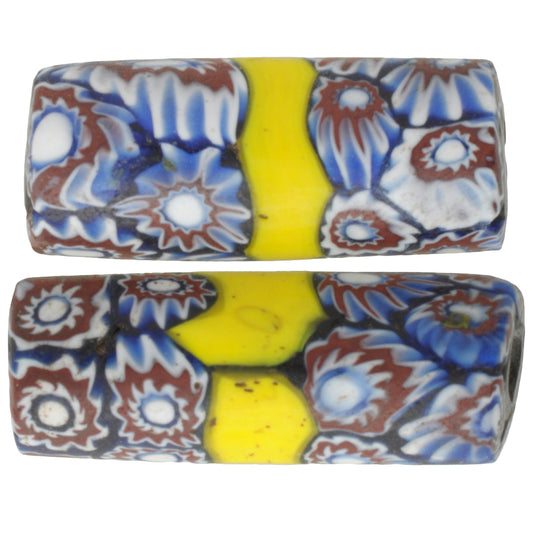 Antique Large Banded Venetian Millefiori Mosaic Glass Trade Beads Pair