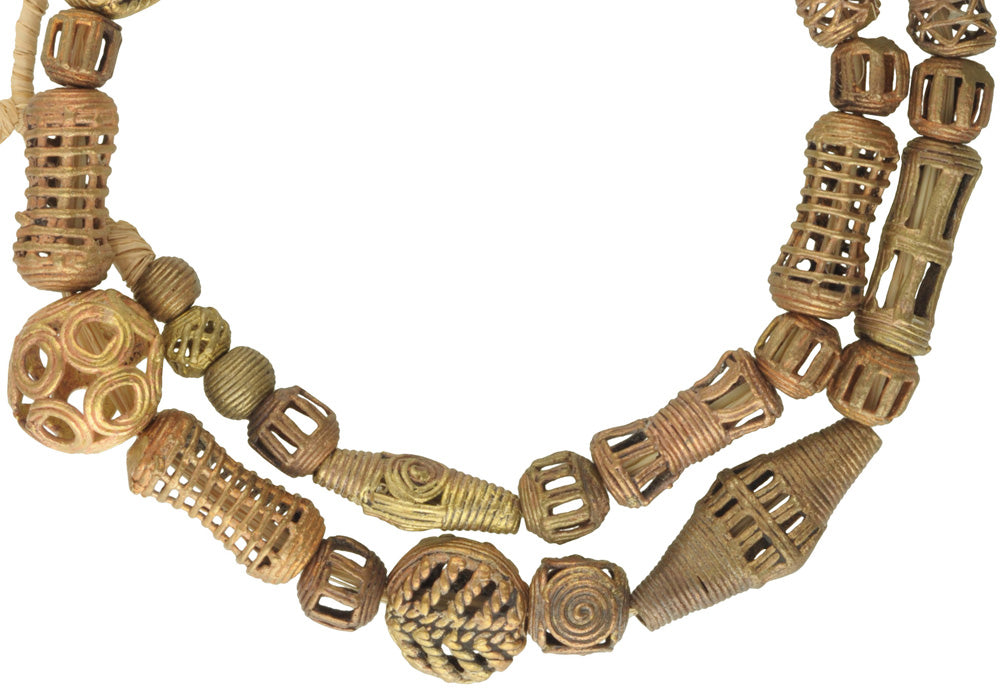 Handmade African Brass Beads From Ghana - 26.5" Strand, Lost Wax Technique - close-up