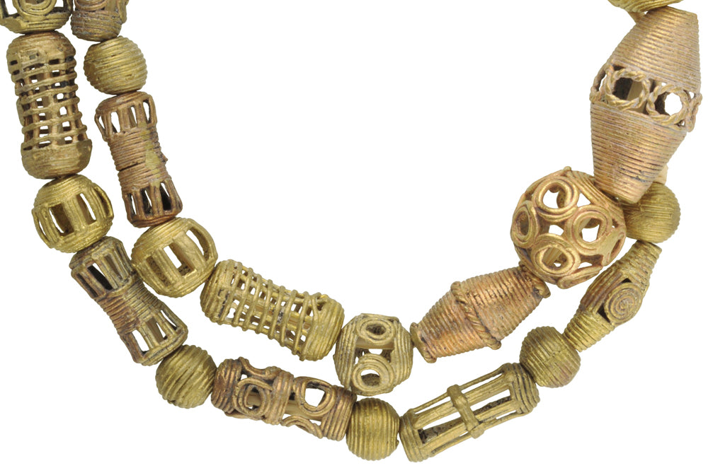 Handmade African Brass Beads From Ghana - Lost Wax Technique, 26" Strand - close-up