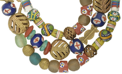 African Trade Beads: Krobo Glass & Brass Beads Strand 26.5" - close-up
