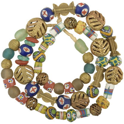 African Trade Beads: Krobo Glass & Brass Beads Strand 26.5"