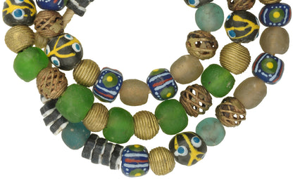 African Trade Beads: Krobo Glass & Brass Beads From Ghana 27.5" - close-up