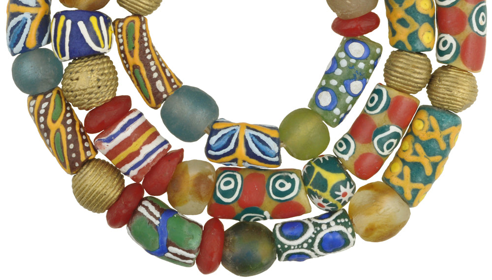 Krobo Glass & Lost Wax Brass Beads Strand - African Trade Beads - close-up