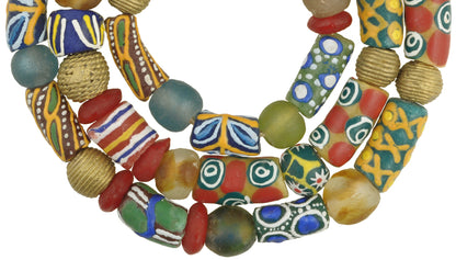 Krobo Glass & Lost Wax Brass Beads Strand - African Trade Beads - close-up