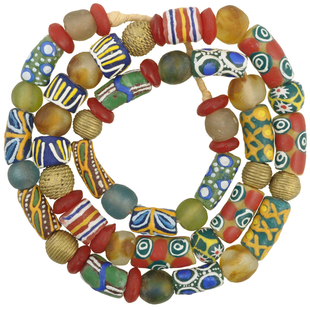 Krobo Glass & Lost Wax Brass Beads Strand - African Trade Beads