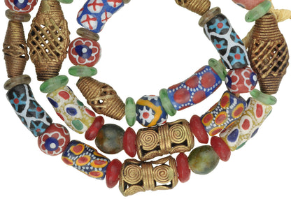 African Trade Beads Strand - Krobo Glass & Brass Beads 10-20Mm - close-up