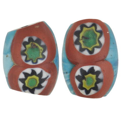 Antique Oval Millefiori Venetian Mosaic Glass Trade Beads 13X10 Mm Pair