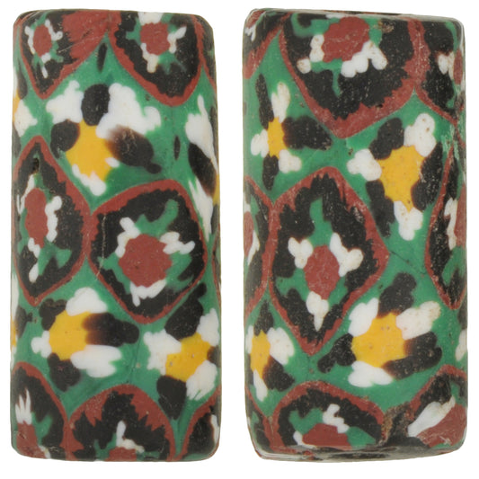 Rare Antique Large Venetian Millefiori Mosaic Trade Beads Pair 21X10Mm