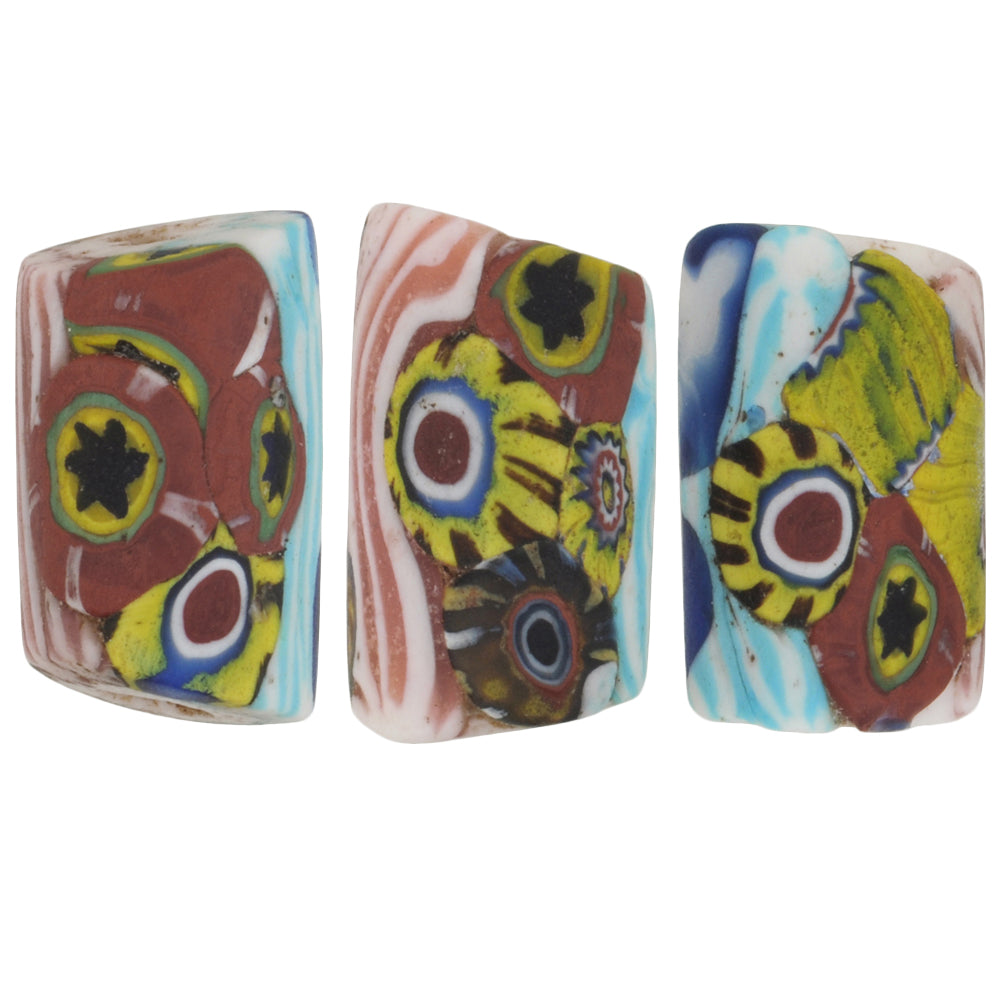 Antique Venetian Millefiori Mosaic Glass Trade Beads, 17Mm, Rare Trio