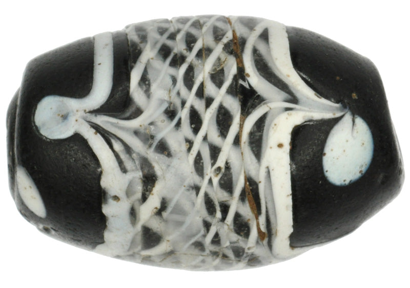 Beautiful Old Black "Fancy" Antique Venetian Lampwork Glass Trade Bead - close-up