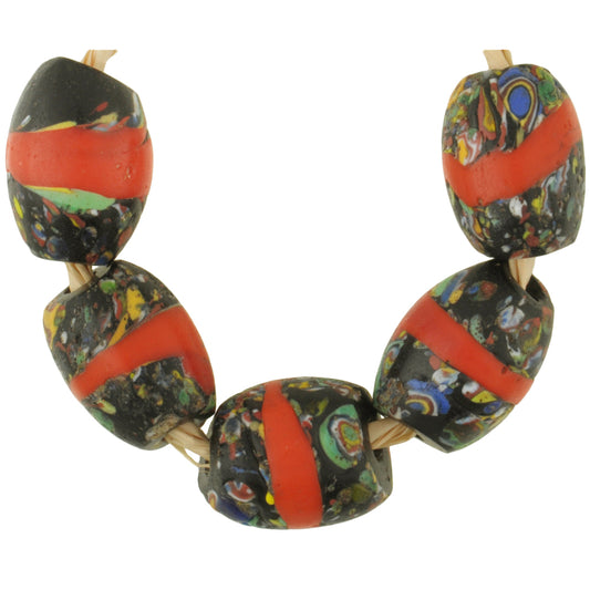 Antique Red Banded Oval Millefiori Mosaic Beads, Venetian Trade Glass