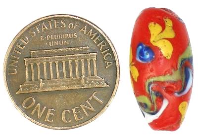 Rare Antique Red Floral Venetian Lampwork Bead With Trail Decoration - close-up