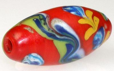 Rare Old Red "Floral" Venetian Lampwork Glass Trade Bead, 23X11Mm - close-up