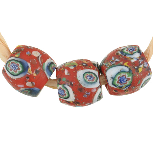 Antique Oval Millefiori Venetian Mosaic Glass Trade Beads, 12X11Mm