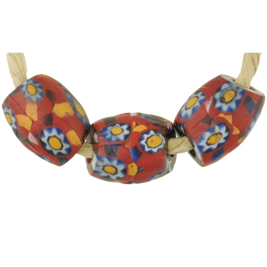 Rare Antique Red Oval Venetian Millefiori Mosaic Trade Beads, 13-14Mm