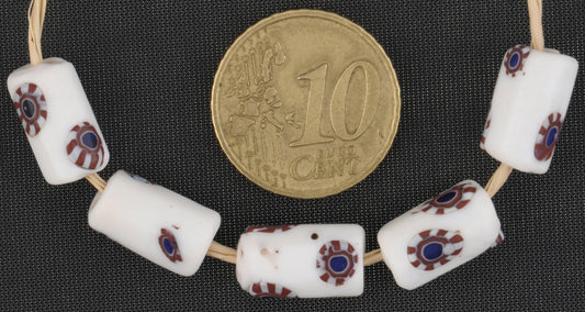 Antique White Millefiori Venetian Mosaic Glass Trade Beads - 12X7Mm - alternate view