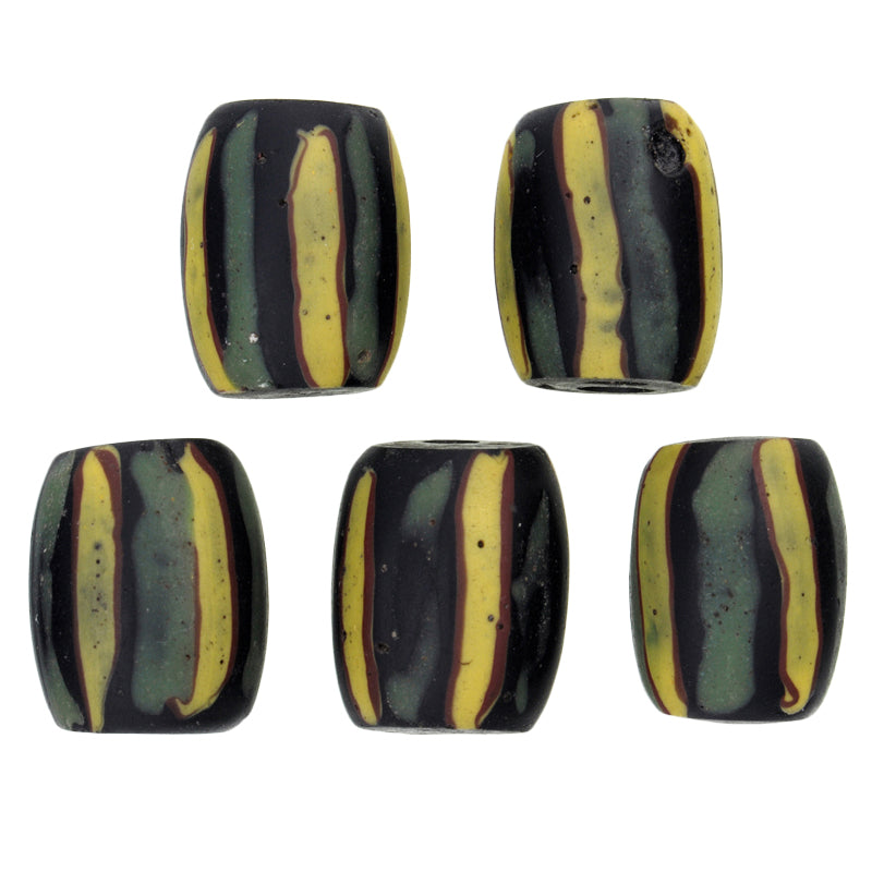 Antique Striped Black Venetian Wound Glass Trade Beads, 13X10Mm, African Trade