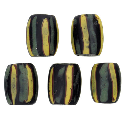 Antique Striped Black Venetian Wound Glass Trade Beads, 13X10Mm, African Trade