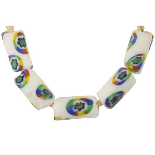 Rare Antique White Venetian Millefiori Mosaic Glass Trade Beads - Set Of 5