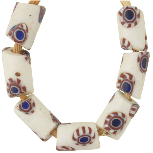 Antique White Millefiori Venetian Mosaic Glass Trade Beads - 7 Matching Pieces