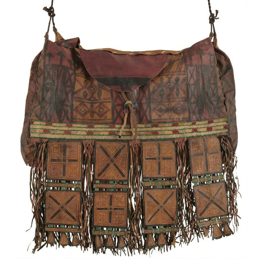 Authentic Tuareg Leather Bag with Colorful Sahara Strips & Fringe