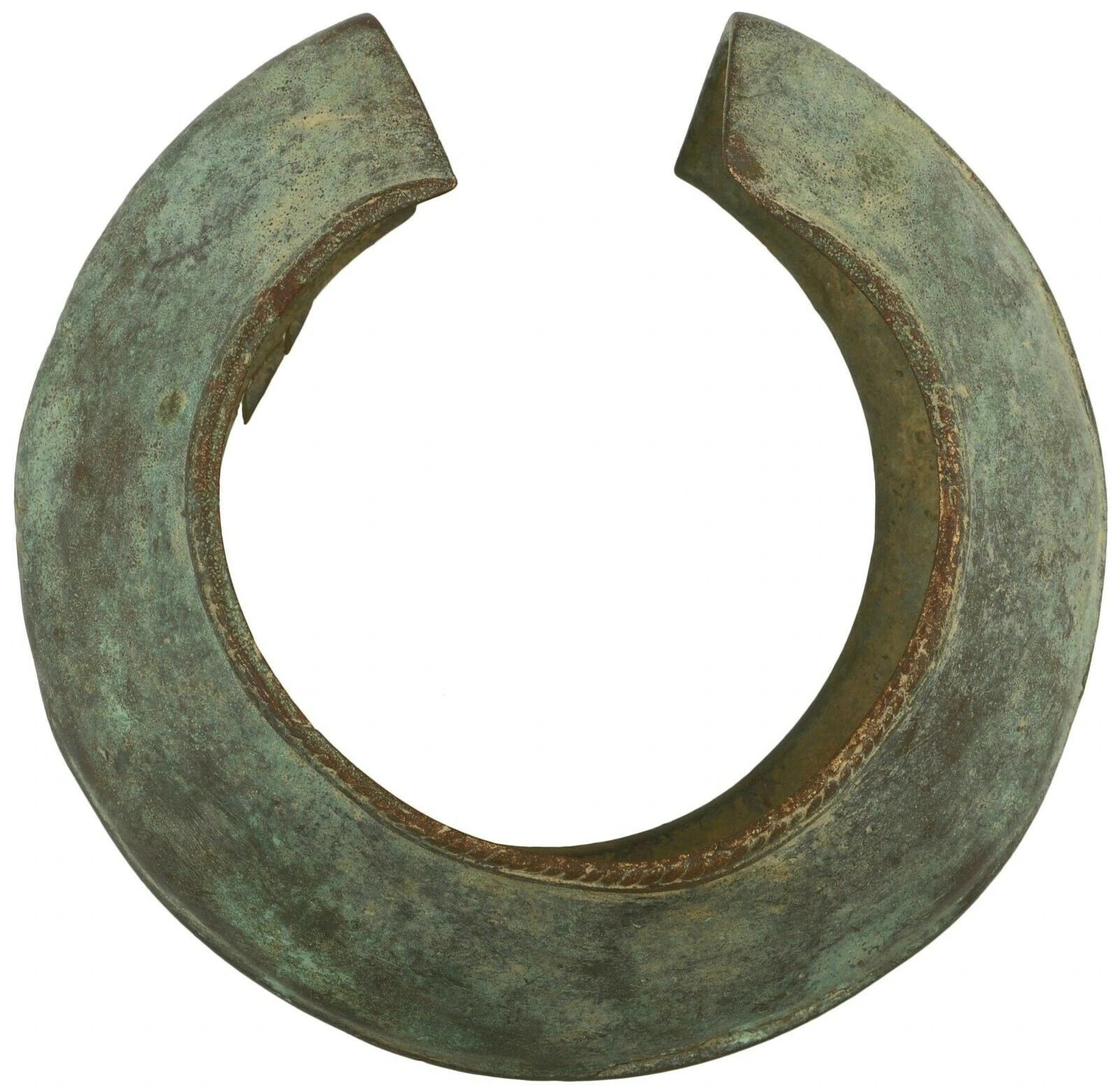 Antique African Brass Bronze Cuff Bracelet Currency Akan Fulani Ghana Ethnic Art - partial view
