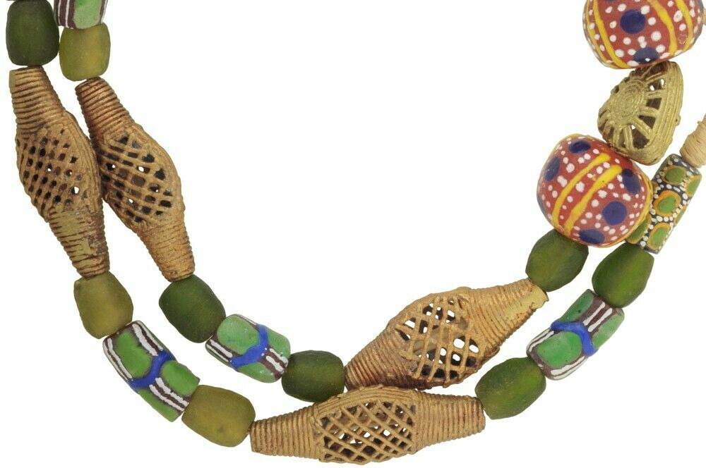 Glass Brass Trade Beads Ashanti Ghana Krobo Powder Glass Ethnic African Necklace - close-up