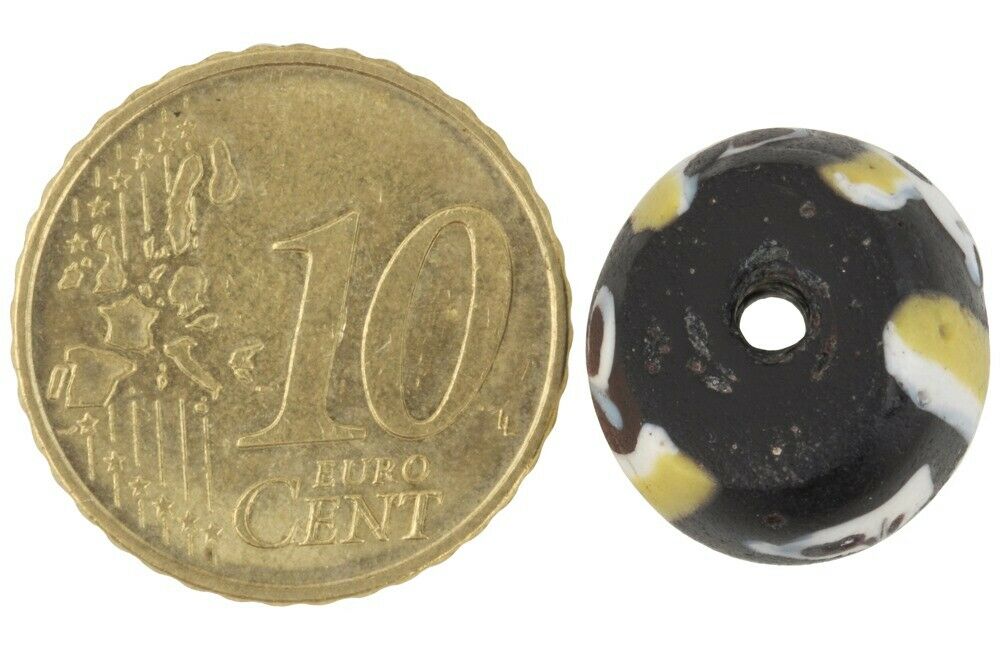 Old African Trade Bead Black Ghost Fancy Venetian Wound Glass Bead Lampwork Rare - close-up