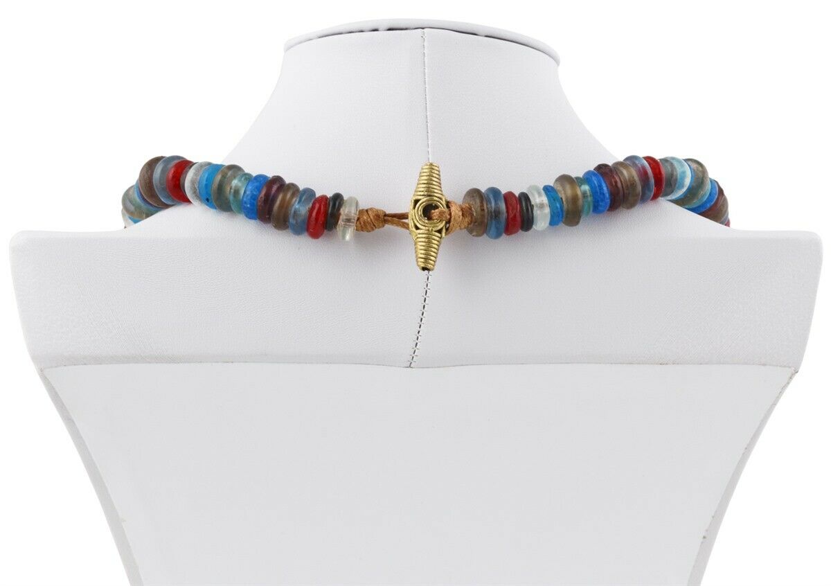 Handmade Necklace Recycled Glass Beads Brass Krobo Ashanti African Trade Jewelry - zoomed-in detail