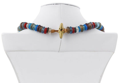 Handmade Necklace Recycled Glass Beads Brass Krobo Ashanti African Trade Jewelry - zoomed-in detail