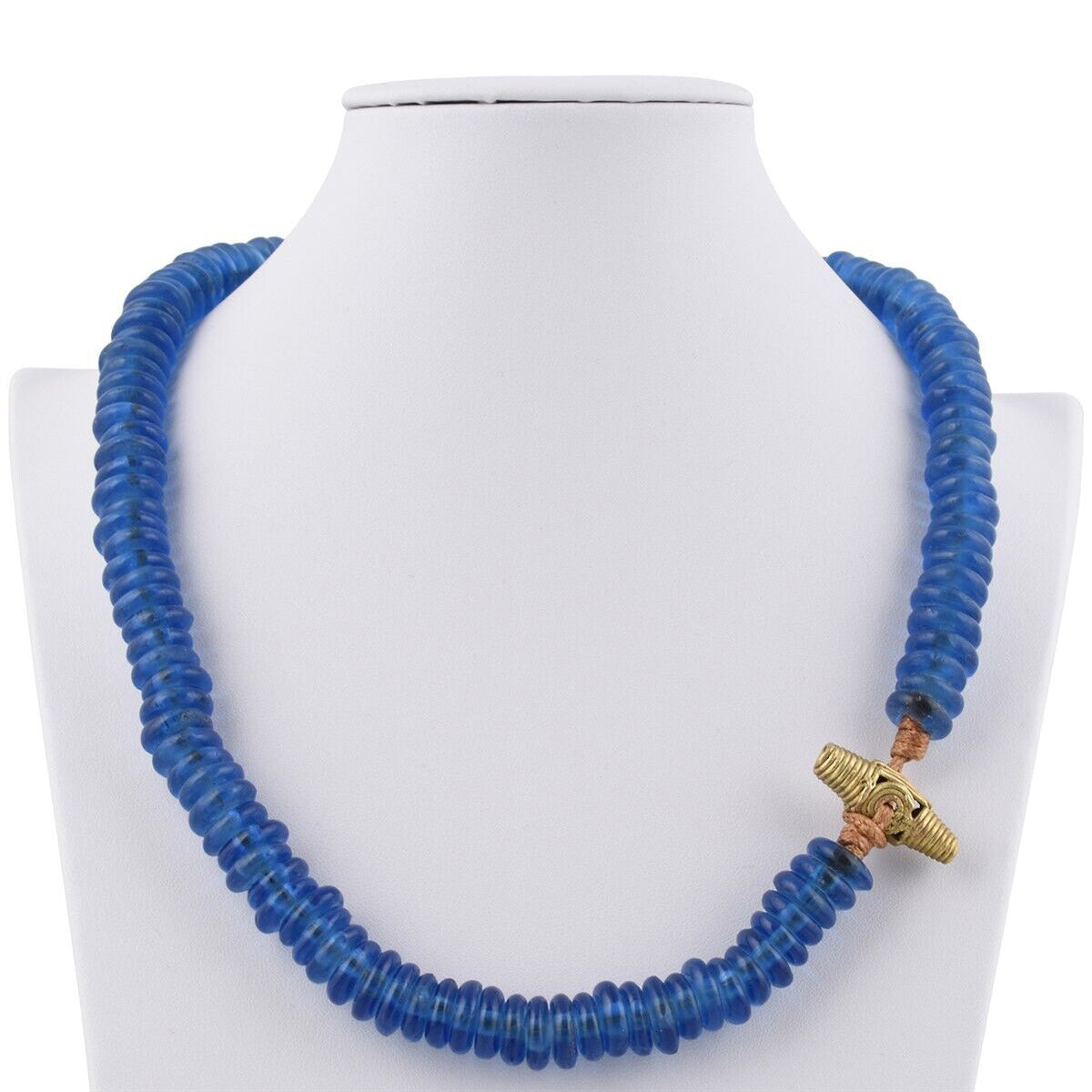 Handmade Cobalt Blue Beaded Glass Necklace With Ashanti Brass