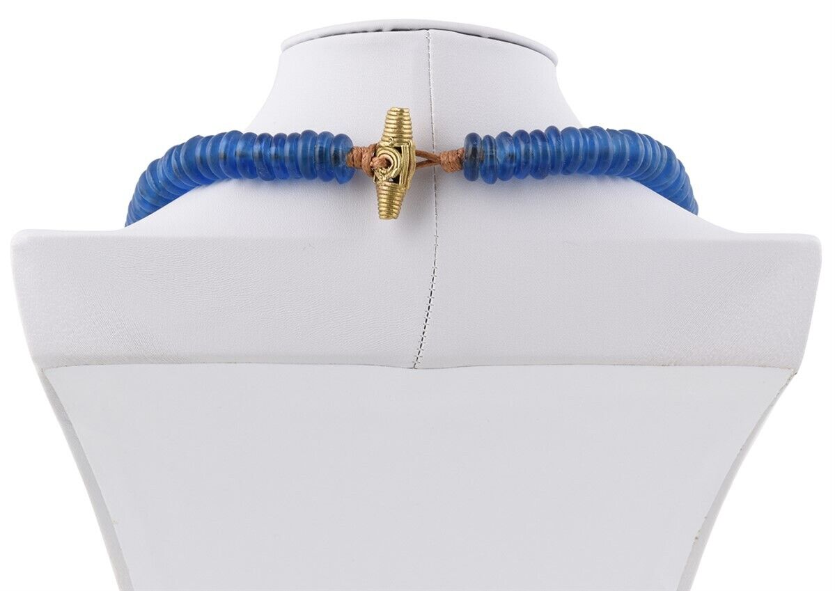 Handmade Cobalt Blue Beaded Glass Necklace With Ashanti Brass - zoomed-in detail