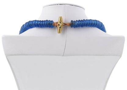 Handmade Cobalt Blue Beaded Glass Necklace With Ashanti Brass - zoomed-in detail