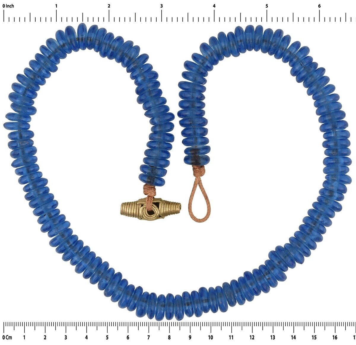 Handmade Cobalt Blue Beaded Glass Necklace With Ashanti Brass - angled shot