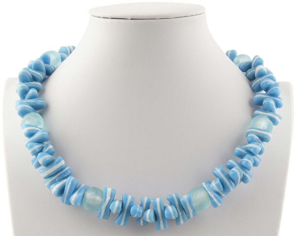 Handmade Blue & White Beaded Glass Necklace - African Trade Beads - zoomed-in detail