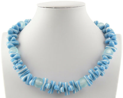 Handmade Blue & White Beaded Glass Necklace - African Trade Beads - zoomed-in detail