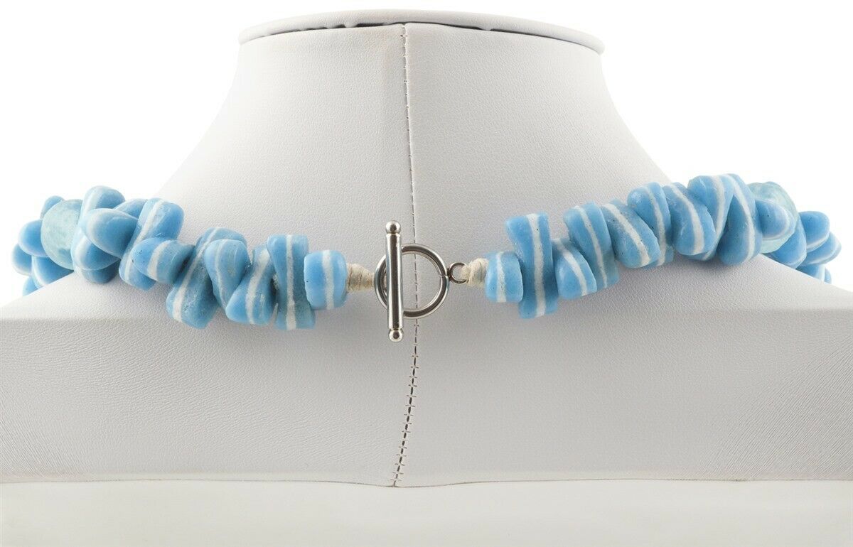Handmade Blue & White Beaded Glass Necklace - African Trade Beads - angled shot