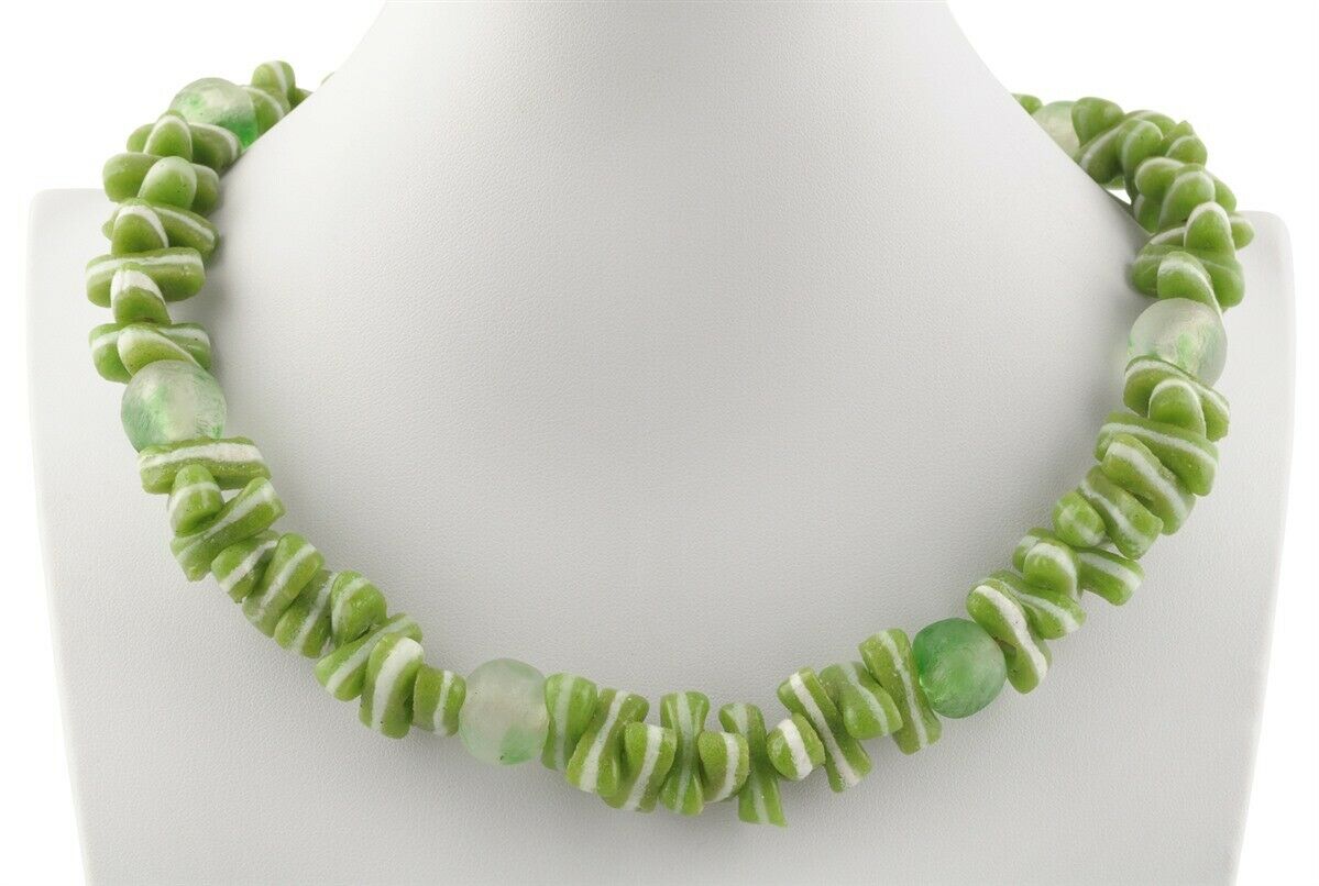 Green African Trade Beads Necklace - Handmade Glass Beaded Necklace - zoomed-in detail