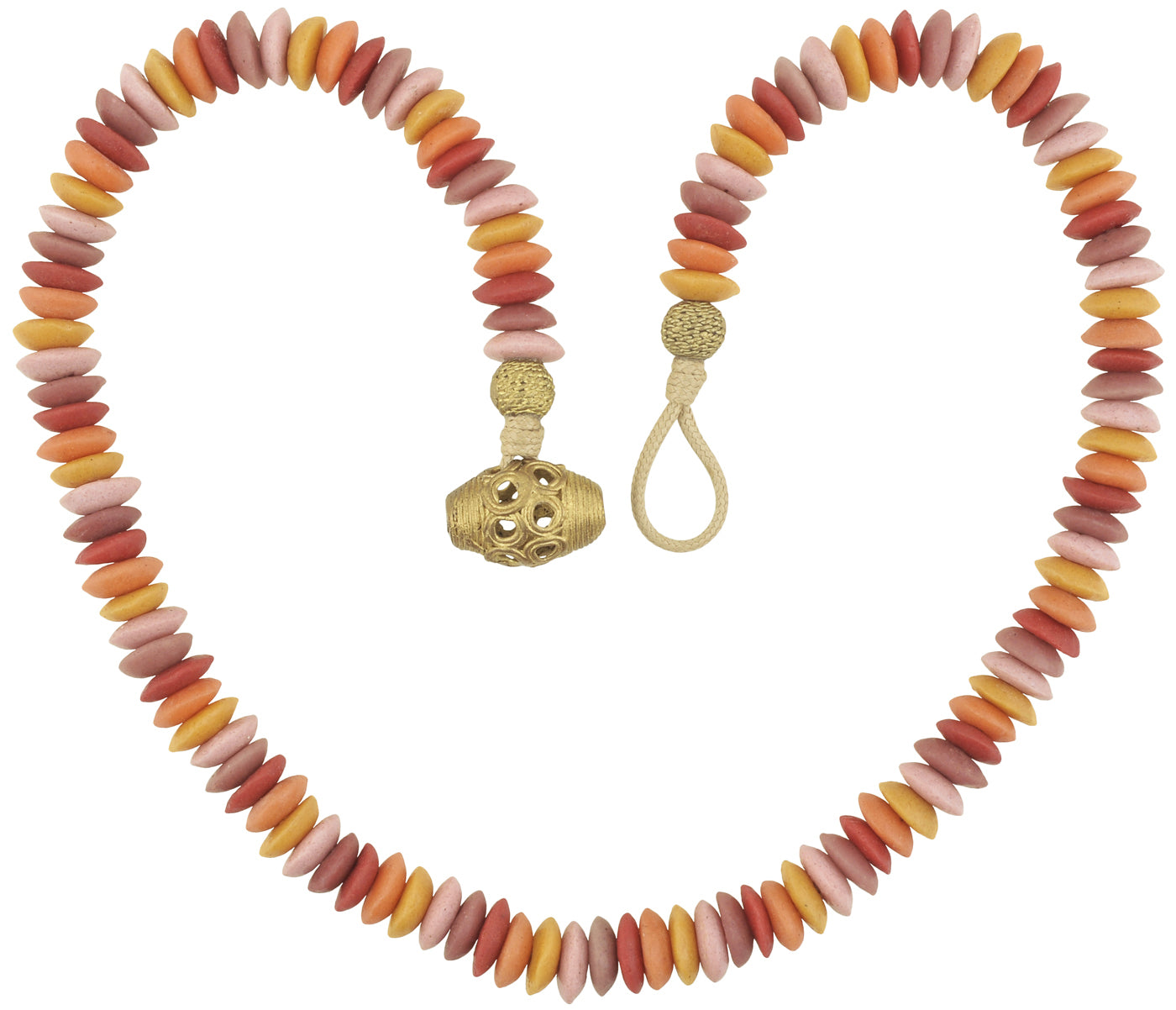 Handmade Recycled Glass Beads Brass Necklace African Krobo Ethnic Jewelry - angled shot